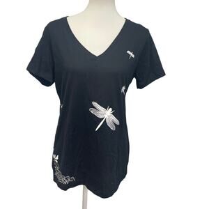New Hand Printed Womens Large Dragonfly V-Neck PolyCotton Short Sleeve Tee Shirt